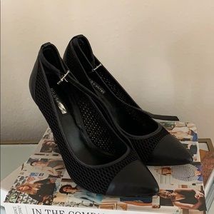 Black mesh ankle strap heels